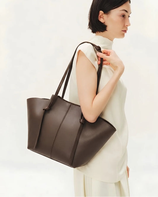 Woman carrying Amara Tote Dark Brown Bag — Premium Tote Pakistan | MYLIGHT.PK