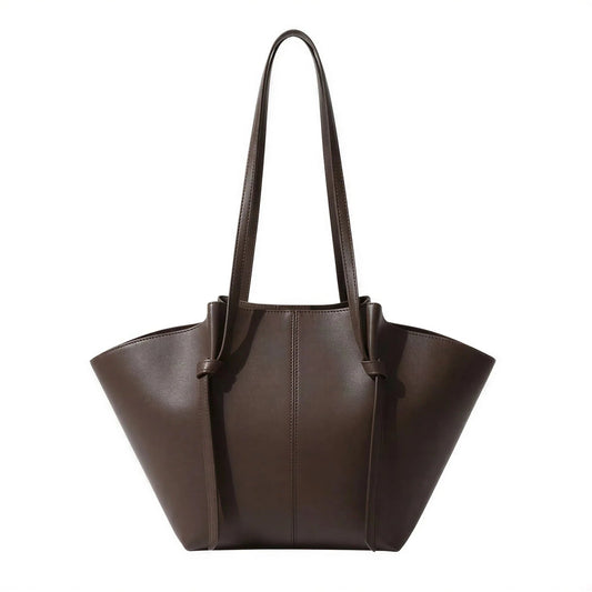 Brown leather tote bag on a white background